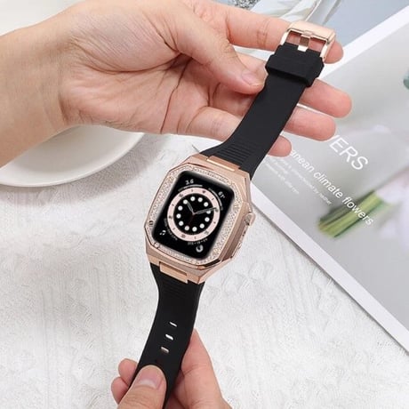 [MO151] ★Apple Watch belt 41mm/44mm/45mm★ アップルウォッチ バンパーケース+替えベルト メタル×ラバー 異素材ミックス ラインストーン 高級感