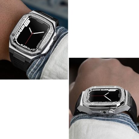 [MO151] ★Apple Watch belt 41mm/44mm/45mm★ アップルウォッチ バンパーケース+替えベルト メタル×ラバー 異素材ミックス ラインストーン 高級感