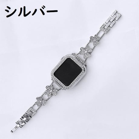 [MO053] ★Apple Watch belt 38mm/41mm/42mm/40mm/44mm/45mm★ アップルウォッチ バンパーケース+替えベルト クローバー ブレスレット ラインストーン
