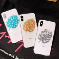 [NW562] ★ iPhone 6 / 6s / 6Plus / 6sPlus / 7 / 7Plus  / 8 / 8Plus / X ★ シェルカバー ケース モンステラ リーフ きらきら ラメ