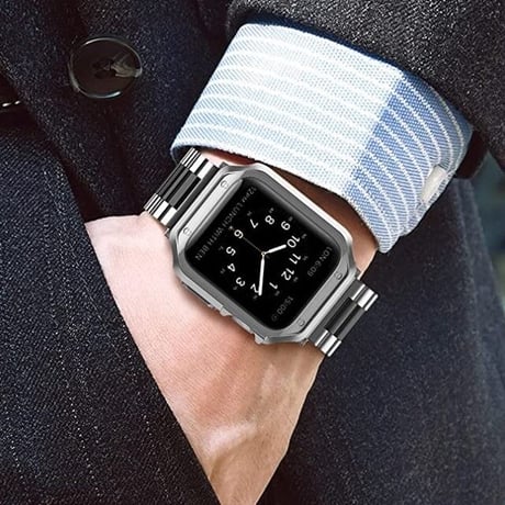 [MO074] ★Apple Watch belt 38mm/40mm/41mm/42mm/44mm/45mm★ アップルウォッチ TPUバンパーケース+ステンレスベルト ラインアクセント ワンカラー