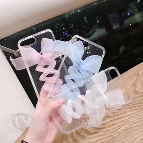 【SI044】★ iPhone 6 / 6s / 6Plus / 6sPlus / 7 / 7Plus ★ クリア ケース ( ピンク ホワイト ブルー ) ふんわり シフォン リボン 編み上げ