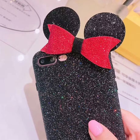 [NW359] ★ iPhone 6 / 6s / 6Plus / 6sPlus / 7 / 7Plus / 8 / 8Plus ★ シェルカバー ケース マウス ネズミ 耳 リボン グリッター