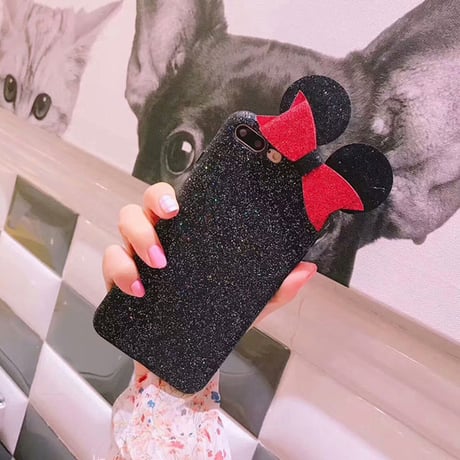 [NW359] ★ iPhone 6 / 6s / 6Plus / 6sPlus / 7 / 7Plus / 8 / 8Plus ★ シェルカバー ケース マウス ネズミ 耳 リボン グリッター
