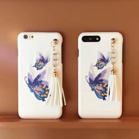 [KS115] ★ iPhone 6 / 6Plus / 7 / 7Plus ★ シェル型 ケース 美しい 蝶 の デザイン 刺繍 ホワイト 洗練 高級 iPhone ケース
