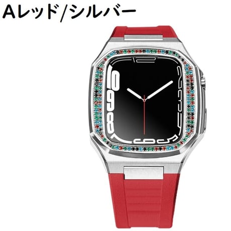 [MO119] ★Apple Watch belt 44mm/45mm★ アップルウォッチ バンパーケース+ラバーベルト セット カラーラインストーン ハイブリッド ステンレススチール