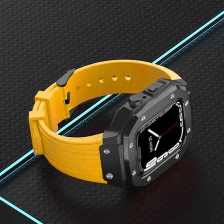 [MO101] ★Apple Watch belt 44mm/45mm★ アップルウォッチ メタルバンパーケース+ラバーベルト セット ハイブリッドデザイン バイカラー