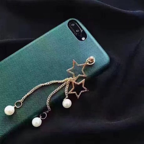 [KS046]★ iPhone 6Plus / 7 / 7Plus ★ シェル型 ケース 星 ＆ パール チャーム 大人 かわいい シック グリーン ヘリンボーン 柄 iPhoneケース