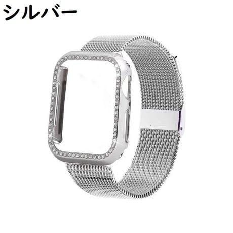 [MO124] ★Apple Watch belt 38mm/41mm/42mm/40mm/44mm/45mm★ アップルウォッチ バンパーケース+替えベルト セット ミラネーゼループ ラインストーン