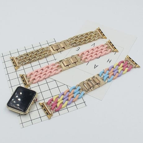 [MO224] ★Apple Watch belt 38mm/40mm/42㎜/44mm ★ アップルウォッチ 替えベルト 2連チェーン ブレスレット クリア マット メタル ポップ