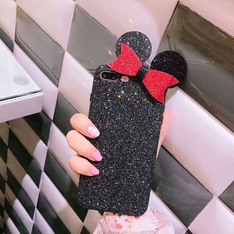 [NW359] ★ iPhone 6 / 6s / 6Plus / 6sPlus / 7 / 7Plus / 8 / 8Plus ★ シェルカバー ケース マウス ネズミ 耳 リボン グリッター