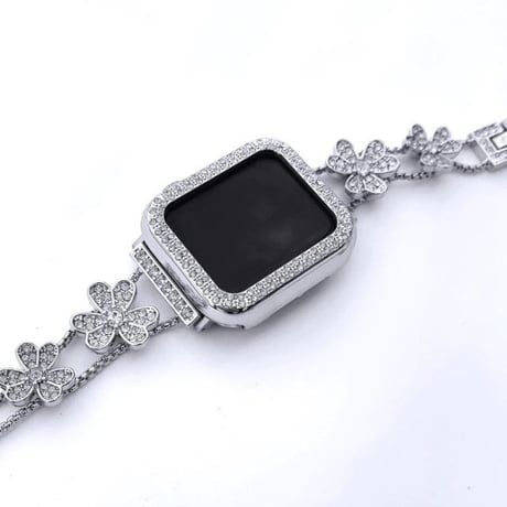 [MO053] ★Apple Watch belt 38mm/41mm/42mm/40mm/44mm/45mm★ アップルウォッチ バンパーケース+替えベルト クローバー ブレスレット ラインストーン