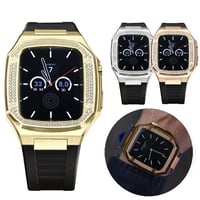 [MO151] ★Apple Watch belt 41mm/44mm/45mm★ アップルウォッチ バンパーケース+替えベルト メタル×ラバー 異素材ミックス ラインストーン 高級感