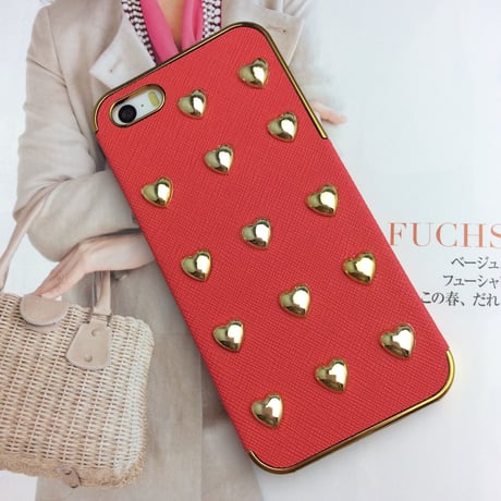 ［KN010］★ iPhone 5 / 5s ★ ハート の ゴールド スタッズ ハード ケース ( レッド ) シェル型　オシャレ かわいい 人気