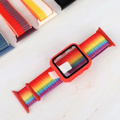 [MO140-1] ★Apple Watch belt 38mm/41mm/42mm/40mm/44mm/45mm★ アップルウォッチ バンパーケース+ナイロンベルト セット ループ バイカラー 軽量