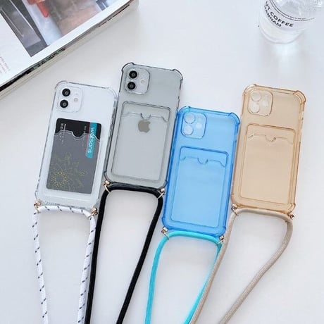 [MO199] ★iPhone7/8/SE(第2.3世代)/12/13/Pro/Pro Max/mini★ iPhoneケース ショルダー シェル型 色付きクリア カード収納 カメラ保護