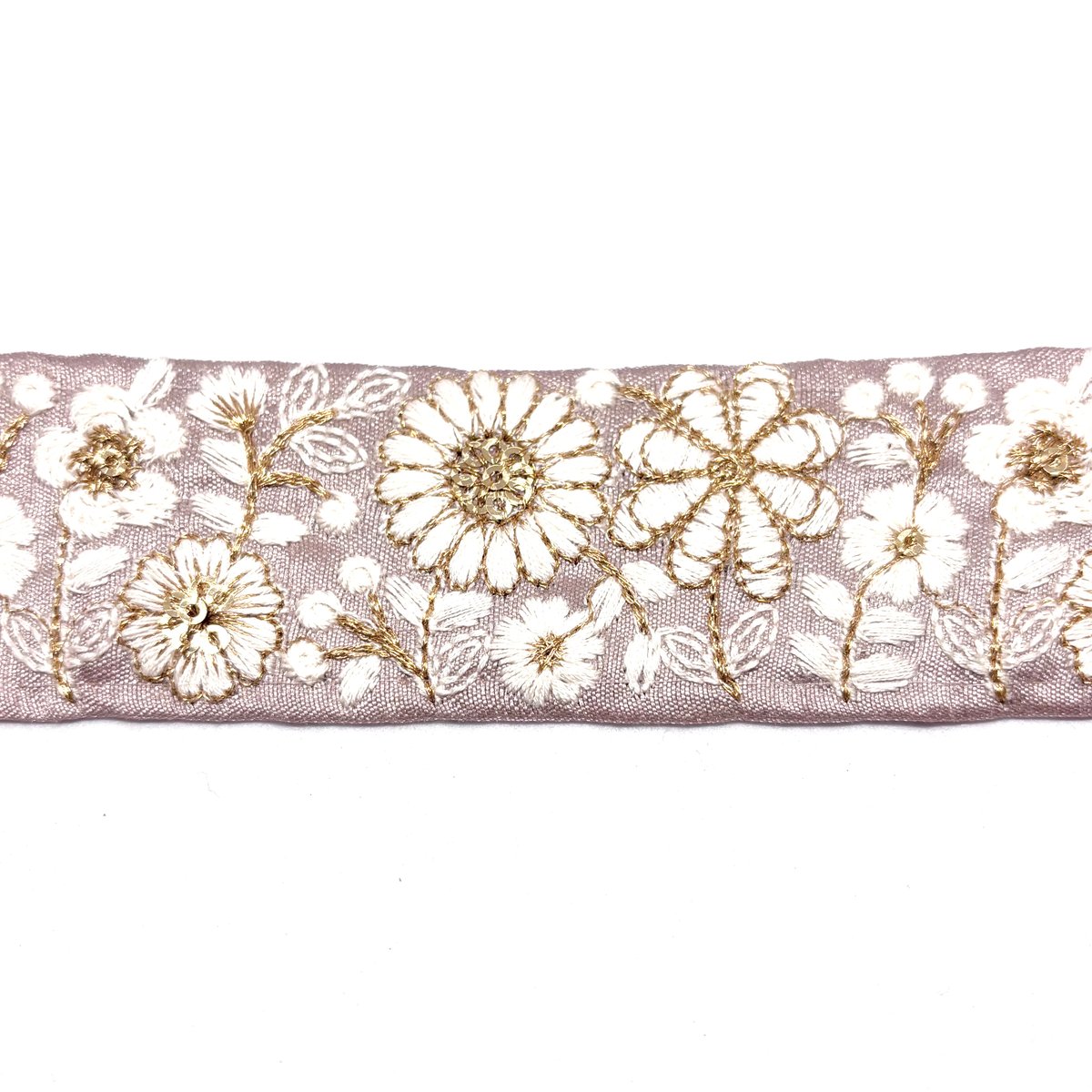 リーフ✕ゴールド刺繍❤ホワイト〜ベージュ〜水色系【1】インド刺繍リボン　タッセル 50cm単位】ベージュピンク ホワイトフラワー インド刺繍リボン