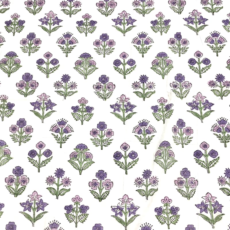 50cm単位】ホワイトパープルピンクフラワー インド ハンドブロック