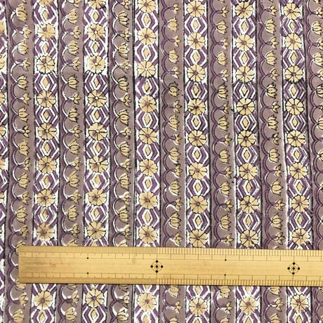 【50cm単位】パープルグレーベージュストライプ　インド　ハンドブロックプリント生地　テキスタイル  コットン