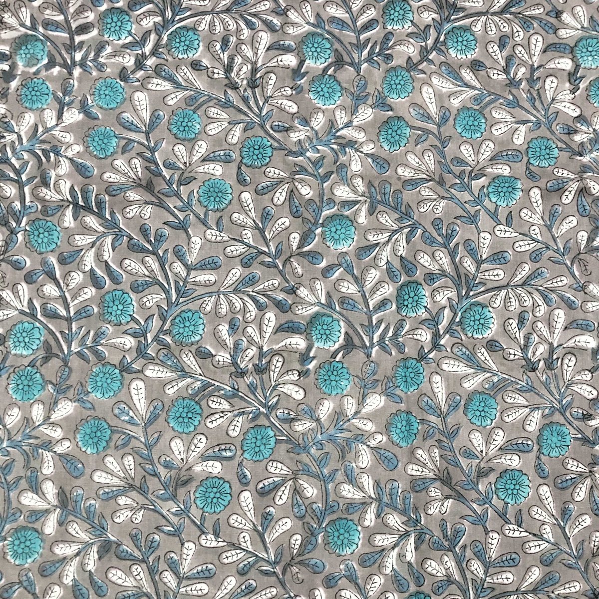 未使用※大判　インド ブロックプリント 中綿入りキルト ブルーグレー　マルチラグ 50cm単位】グレーグリーンブルーフラワー インド ハンドブロック