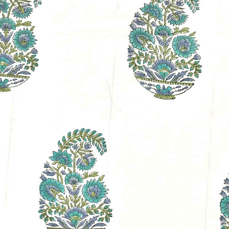 50cm単位】ホワイトグリーンブルーフラワー大柄 インド ハンドブロック