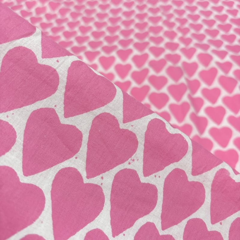 50cm単位】ピンクハート インド ハンドブロックプリント生地
