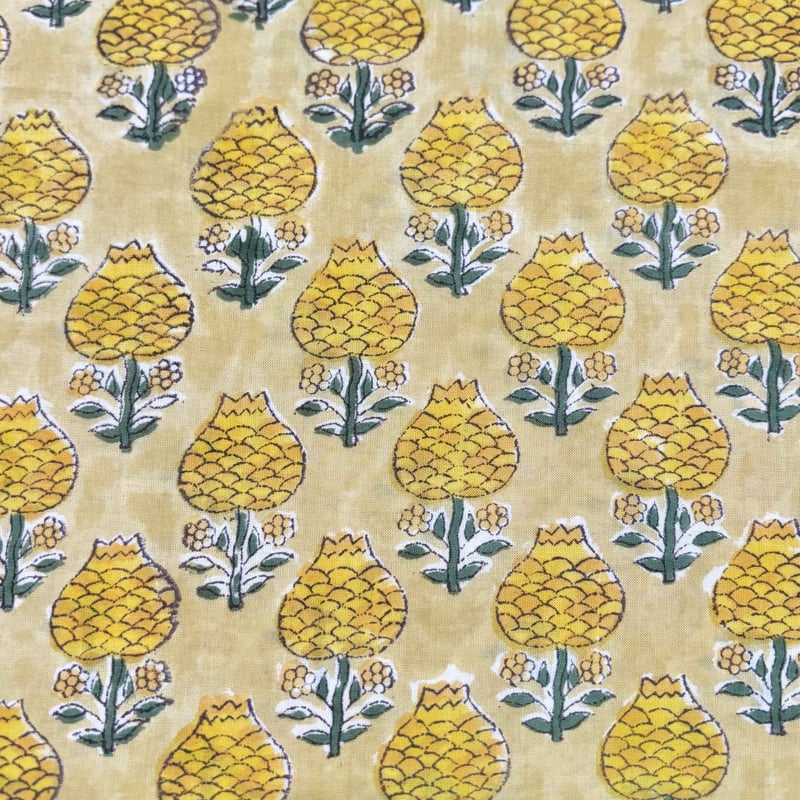 50cm単位】イエロースモールフラワーモチーフ インド ハンドブロック