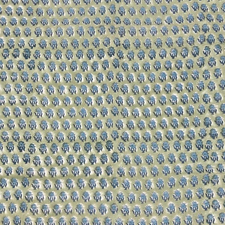 【50cm単位】ペールグリーンブルーグレースモールフラワー　インド　ハンドブロックプリント生地　テキスタイル  コットン