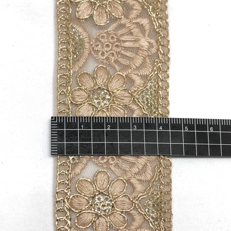 【50cm単位】ベージュ　ゴールドチュール　チュール素材　インド刺繍リボン　ハンドメイド材料　りぼん素材