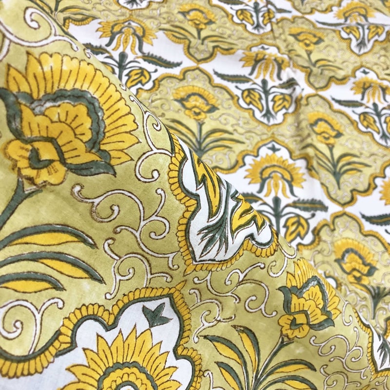 絵画 アンティーク ハンドメイド　インド　　マディー シンブロックプリント 50cm単位】ホワイトイエローフラワー大柄 インド ハンドブロック
