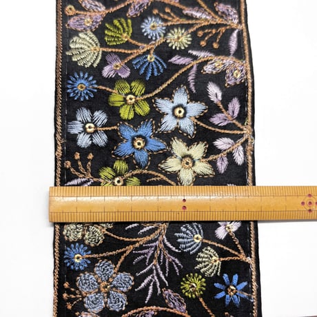 【50cm単位】ブラックブルーグリーン　スターフラワー　インド刺繍リボン　ハンドメイド材料　りぼん素材