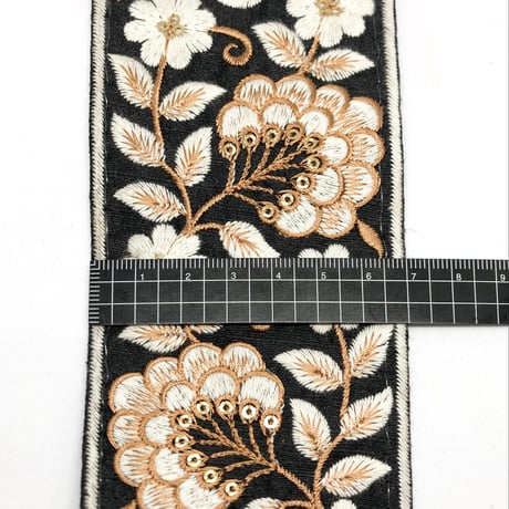 【50cm単位】ブラック　スプレッドフラワー　インド刺繍リボン　ハンドメイド材料　りぼん素材
