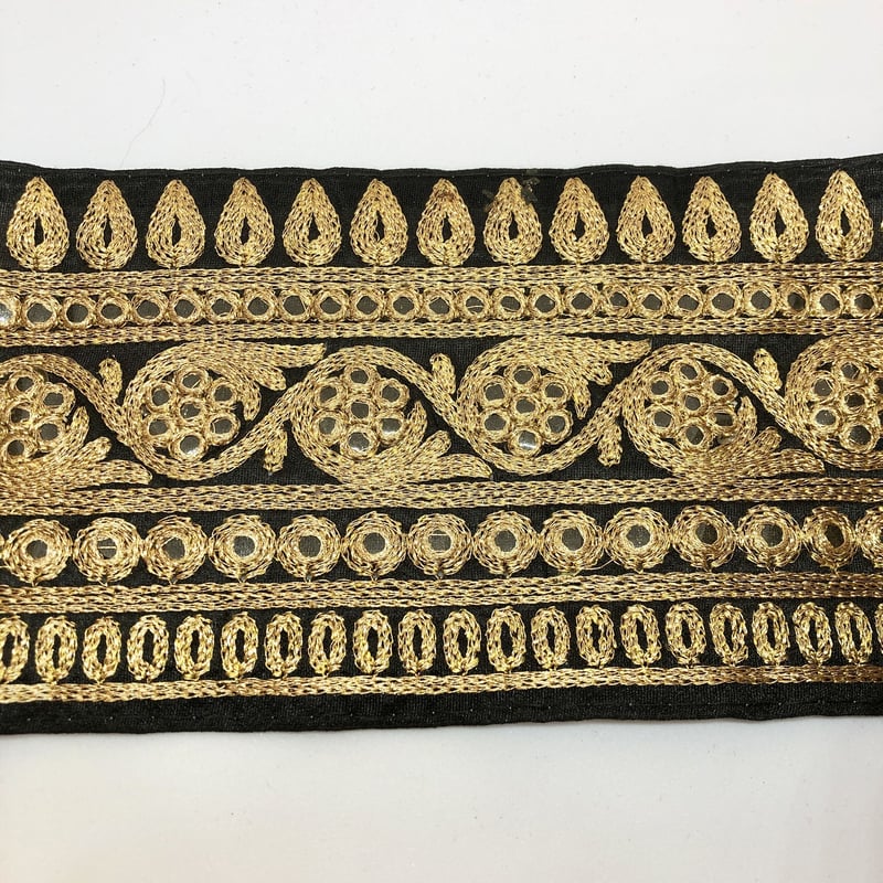 50cm単位】幅広ブラックゴールド インド刺繍リボンハンドメイド材料