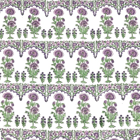 【50cm単位】ホワイトパープルピンクフラワーレース　インド　ハンドブロックプリント生地　テキスタイル  コットン