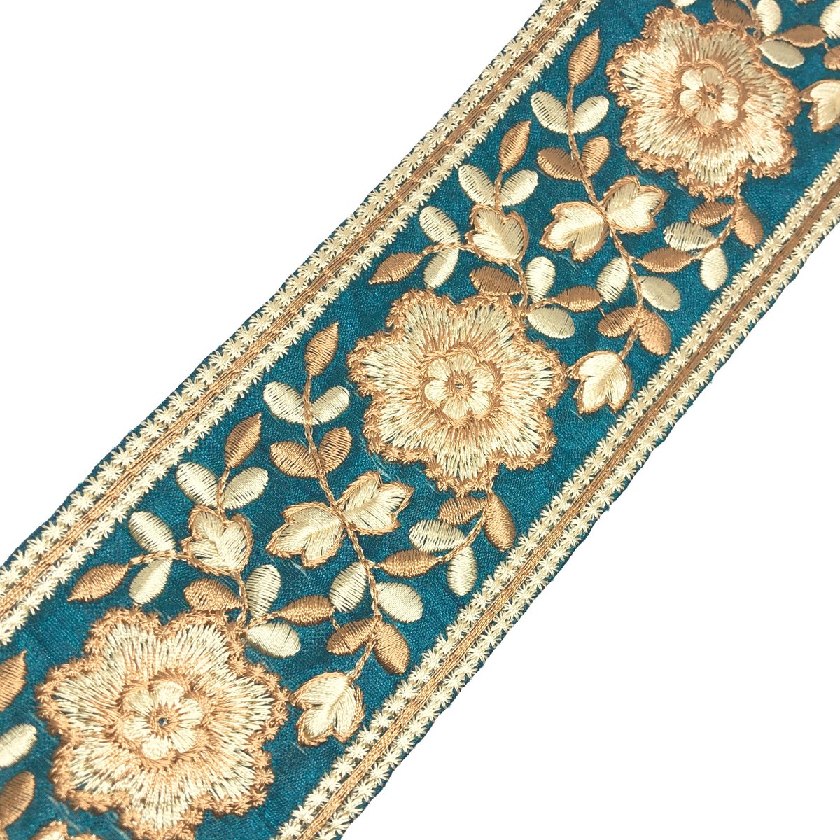 インド刺繍リボン 金 ゴールド 花 ブルー 青 手芸テープ 刺繍レースプリンセス