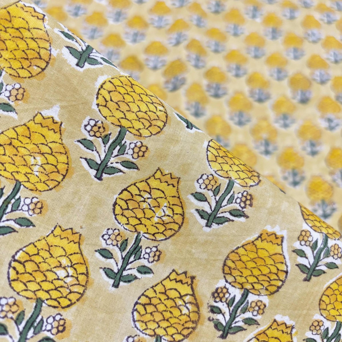 50cm単位】イエロースモールフラワーモチーフ インド ハンドブロック