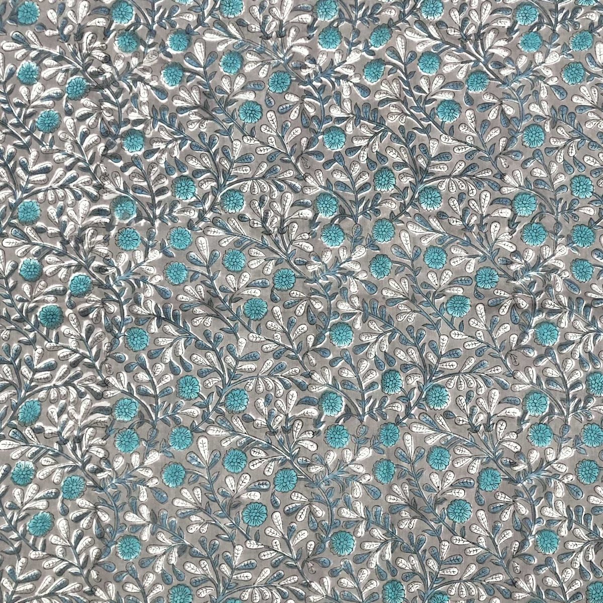 50cm単位】グレーグリーンブルーフラワー インド ハンドブロック