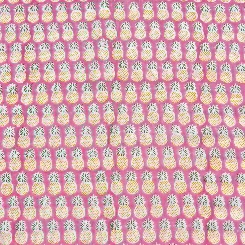 50cm単位】ピンクイエローパイナップル インド ハンドブロックプリント