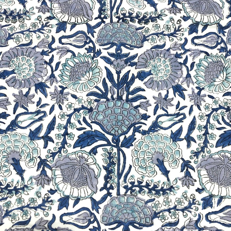 未使用※大判　インド ブロックプリント 中綿入りキルト ブルーグレー　マルチラグ 未使用※インド ブロックプリント 中綿入りキルト コバルトブルー