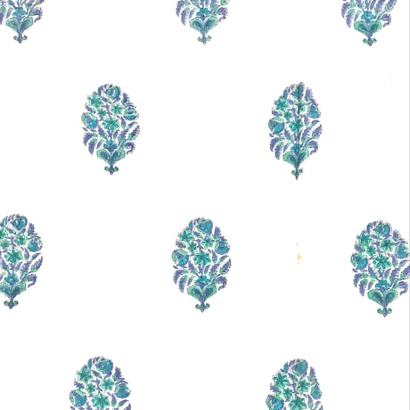 【50cm単位】ホワイトブルーグリーン大柄　片耳ボーダー付き　インド　ハンドブロックプリント生地　テキスタイル  コットン