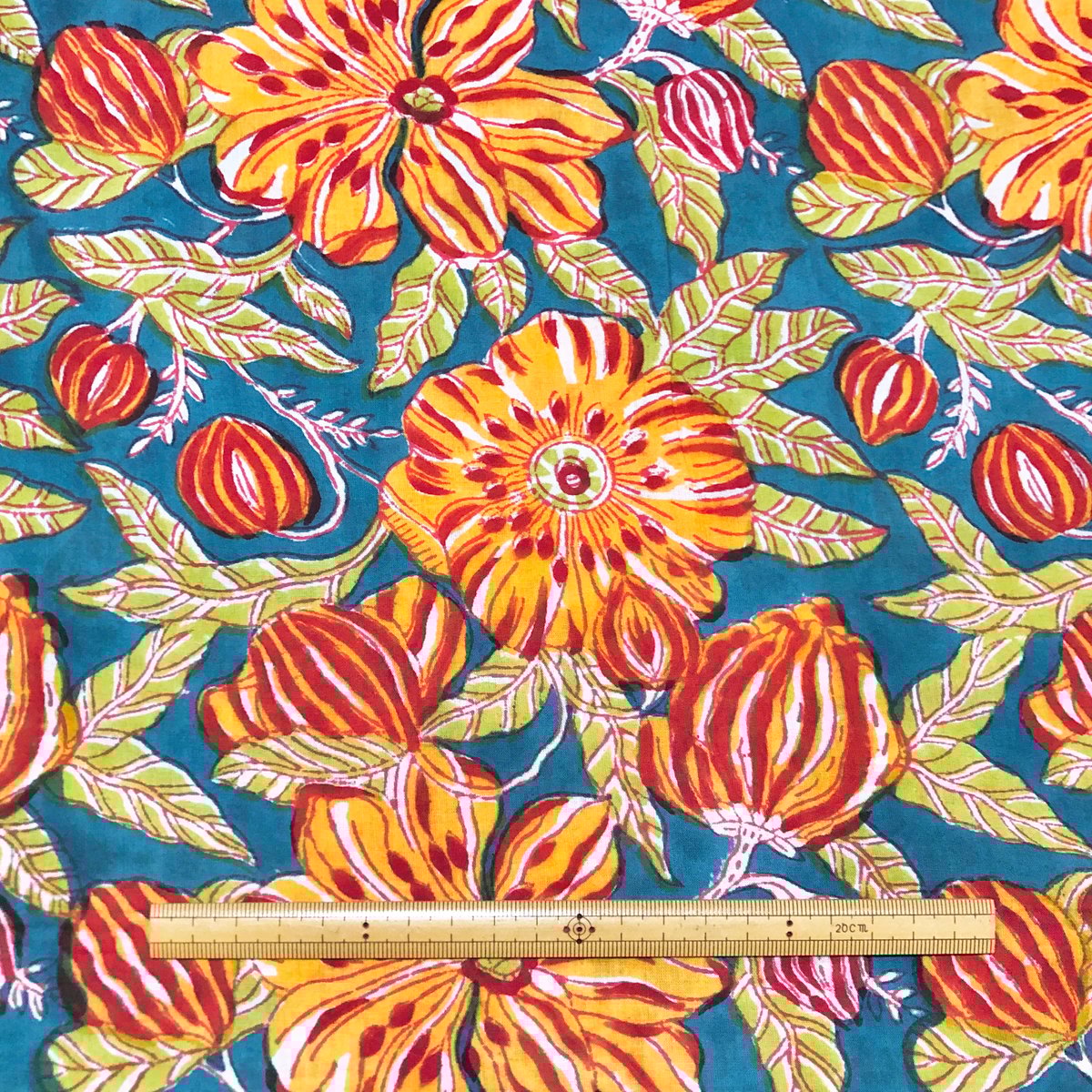 50cm単位】ブルーグリーンオレンジレッドフラワー インド ハンド