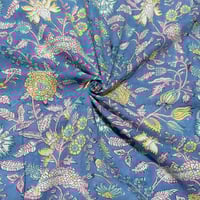 【50cm単位】ブルーイエローピンクカラフルフラワー　インド　ハンドブロックプリント生地　テキスタイル  コットン