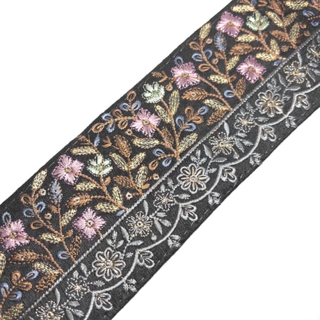 【50cm単位】ブラック　ボタニカル　インド刺繍リボン　ハンドメイド材料　りぼん素材