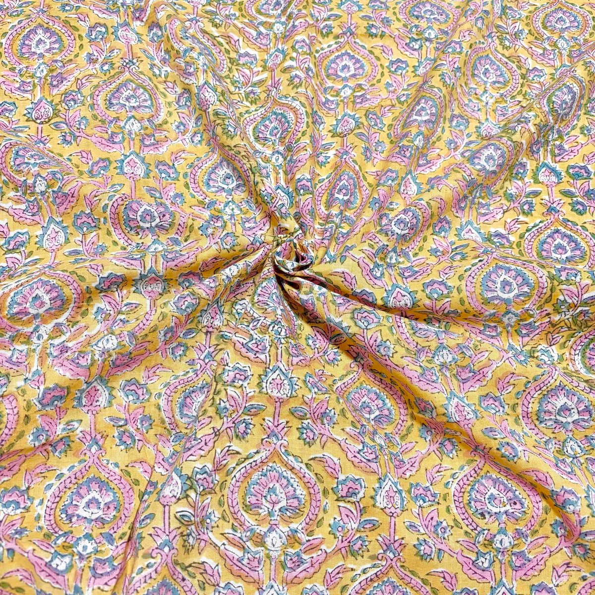 50cm単位】イエローピンクグリーンダマスク インド ハンドブロック