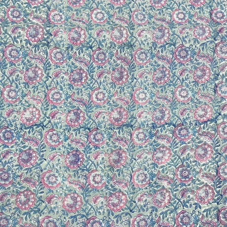 【50cm単位】グレーピンクパープルフラワー　インド　ハンドブロックプリント生地　テキスタイル