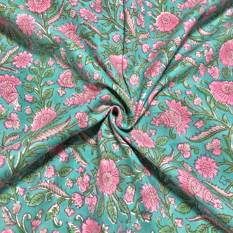 50cm単位】グリーンスモールピンクフラワー インドハンドブロック