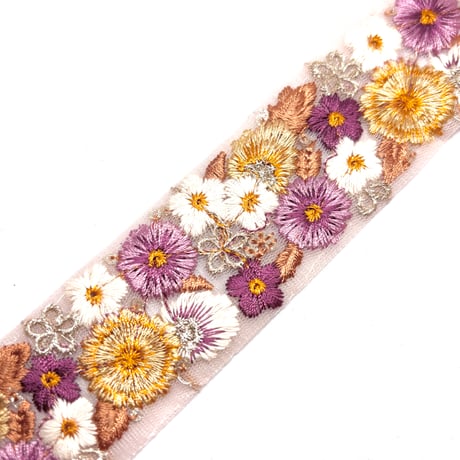 【50cm単位】パープル×オレンジ　チュール素材カラフル　インド刺繍リボン　ハンドメイド材料　りぼん素材