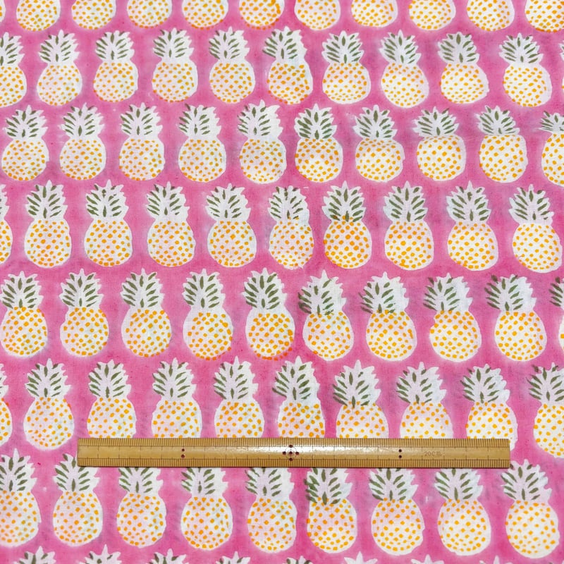 50cm単位】ピンクイエローパイナップル インド ハンドブロックプリント