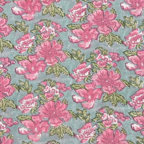 【50cm単位】くすみグリーンピンクレッドフラワーA　インド　ハンドブロックプリント生地　テキスタイル  コットン