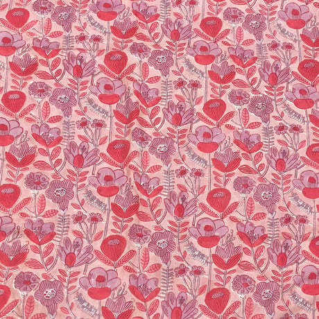 【50cm単位】ピンクベージュレッドパープルフラワー　インド　ハンドブロックプリント生地　テキスタイル  コットン